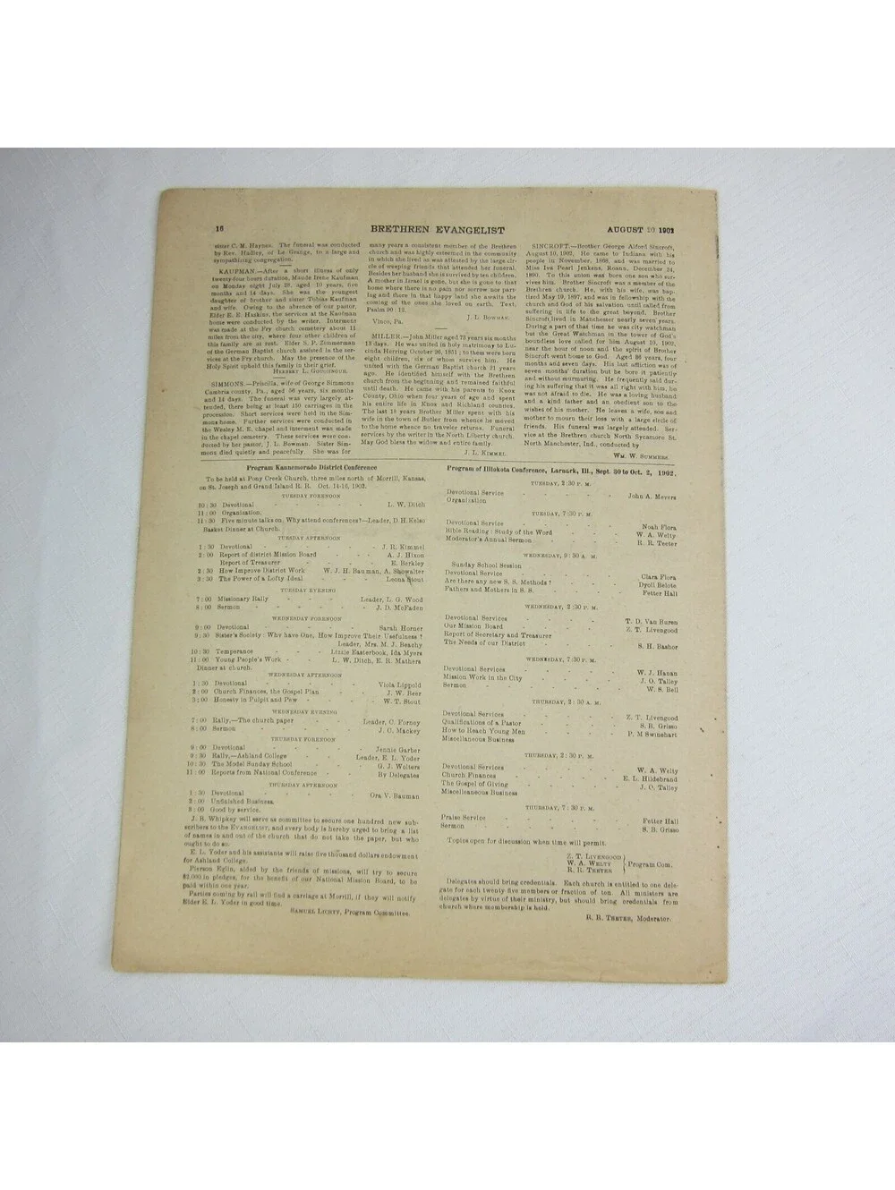 Brethren Evangelist Christian Newspaper Ashland Ohio Antique August 20th 1902